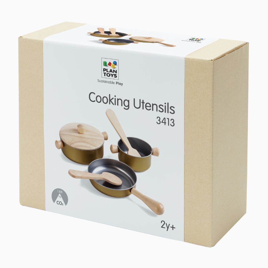 Plantoys pannenset van metaal en hout voor in het houten kinderkeukentje