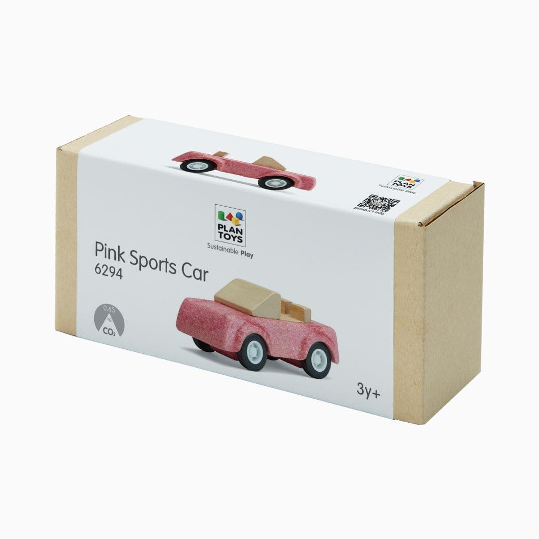 Roze speelgoedauto van hout Plantoys