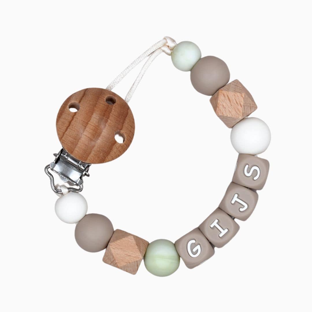 Speenkoord met naam in de kleuren taupe, wit en marmer groen van Studio Bambacht