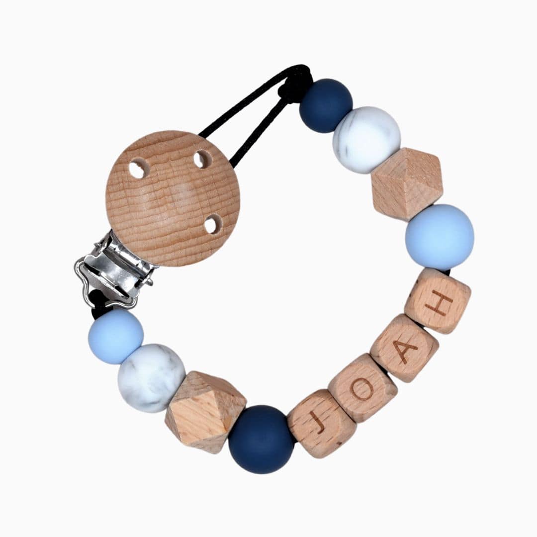 speenkoord met naam marmer blauw met hout van Studio Bambacht