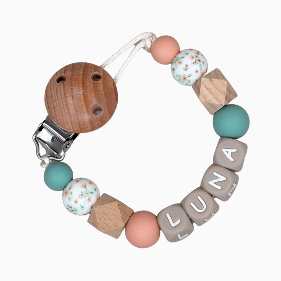 Speenkoord met naam poppy mint groen en zalm roze van Studio Bambacht