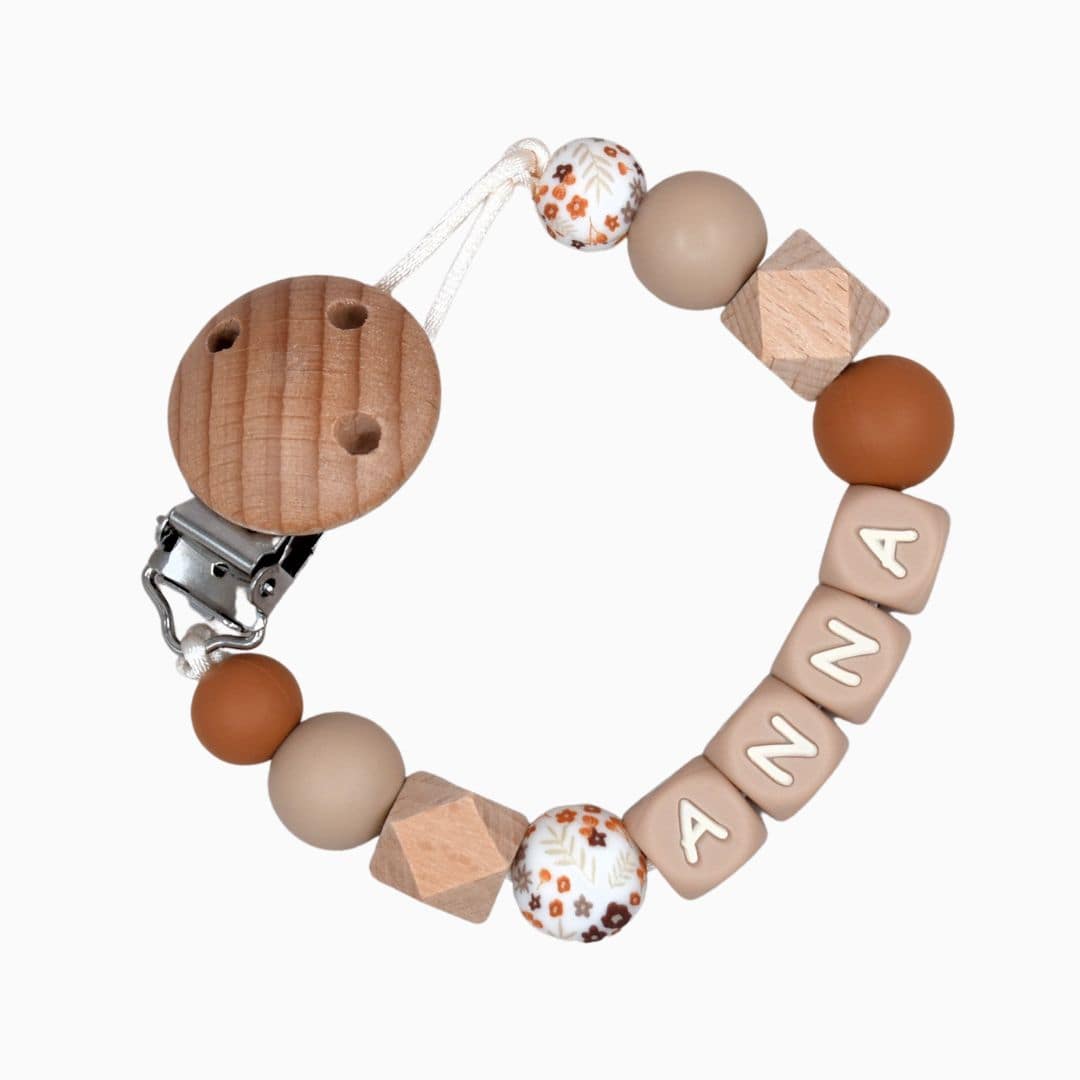 Speenkoord met naam bloemenprint bruin beige van Studio Bambacht
