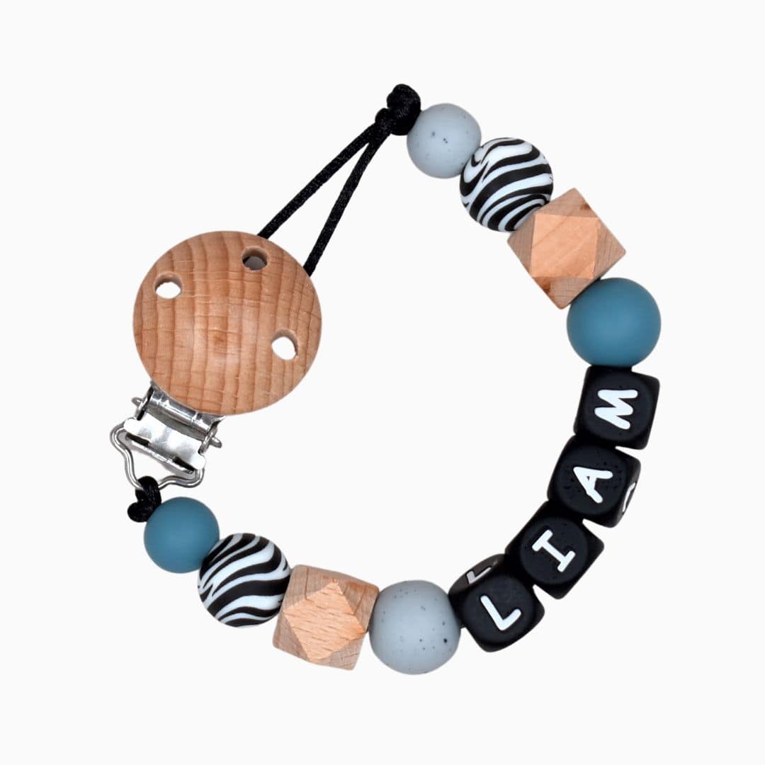 Speenkoord met naam blauwgrijs zebra van Studio Bambacht