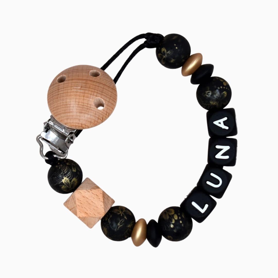 Speenkoord met naam zwart en goud accenten studio bambacht