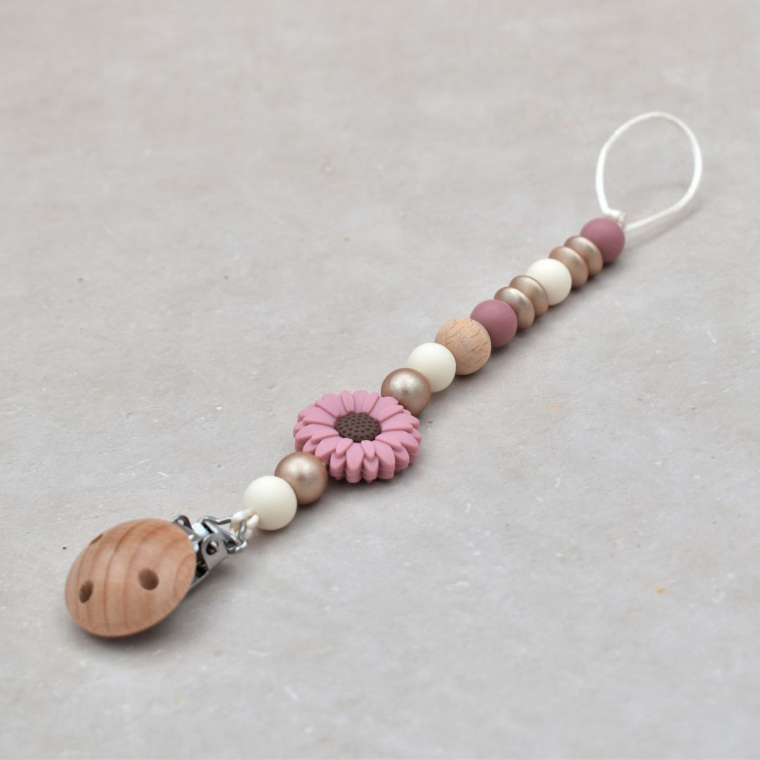 speenkoord zonder naam bloem daisy in de kleur oudroze, champagne en wit van Studio Bambacht