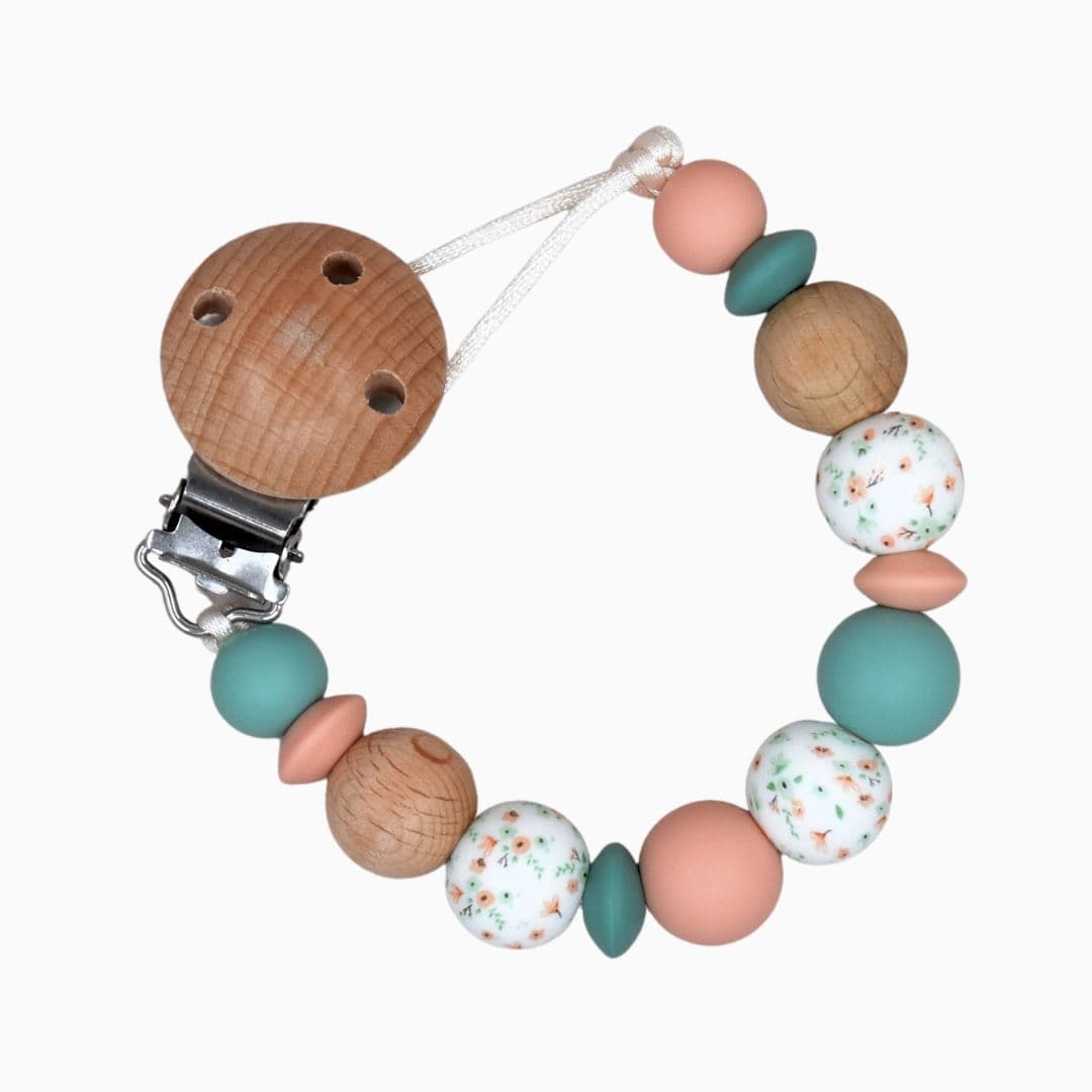 Speenkoord zonder naam poppy zalm roze en mint groen van Studio Bambacht