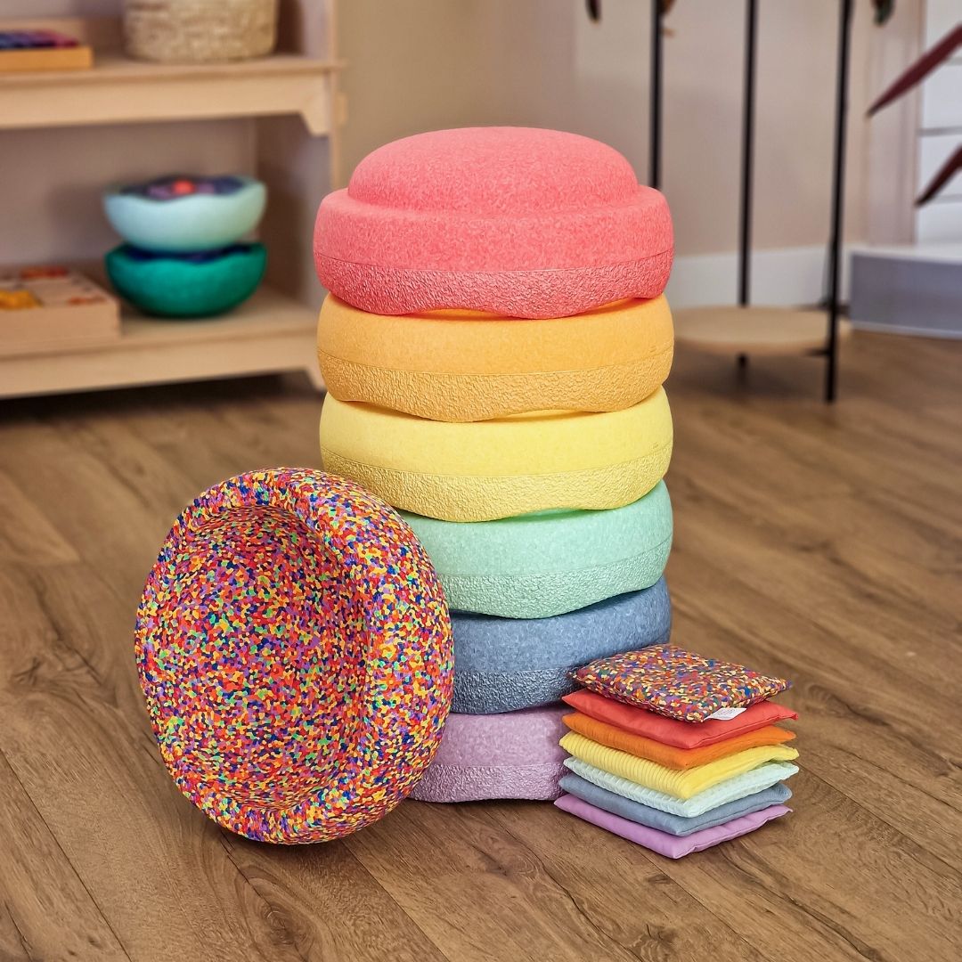 Stapelstein aanbieding voordeelbundel pastel met regenboog confetti steen en pittenzakjes