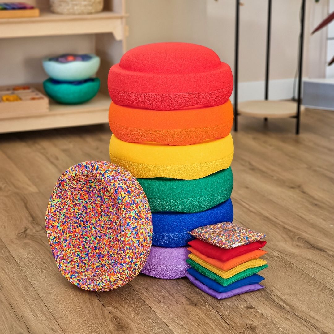 Stapelstein aanbieding voordeelbundel regenboog met regenboog confetti steen en pittenzakjes
