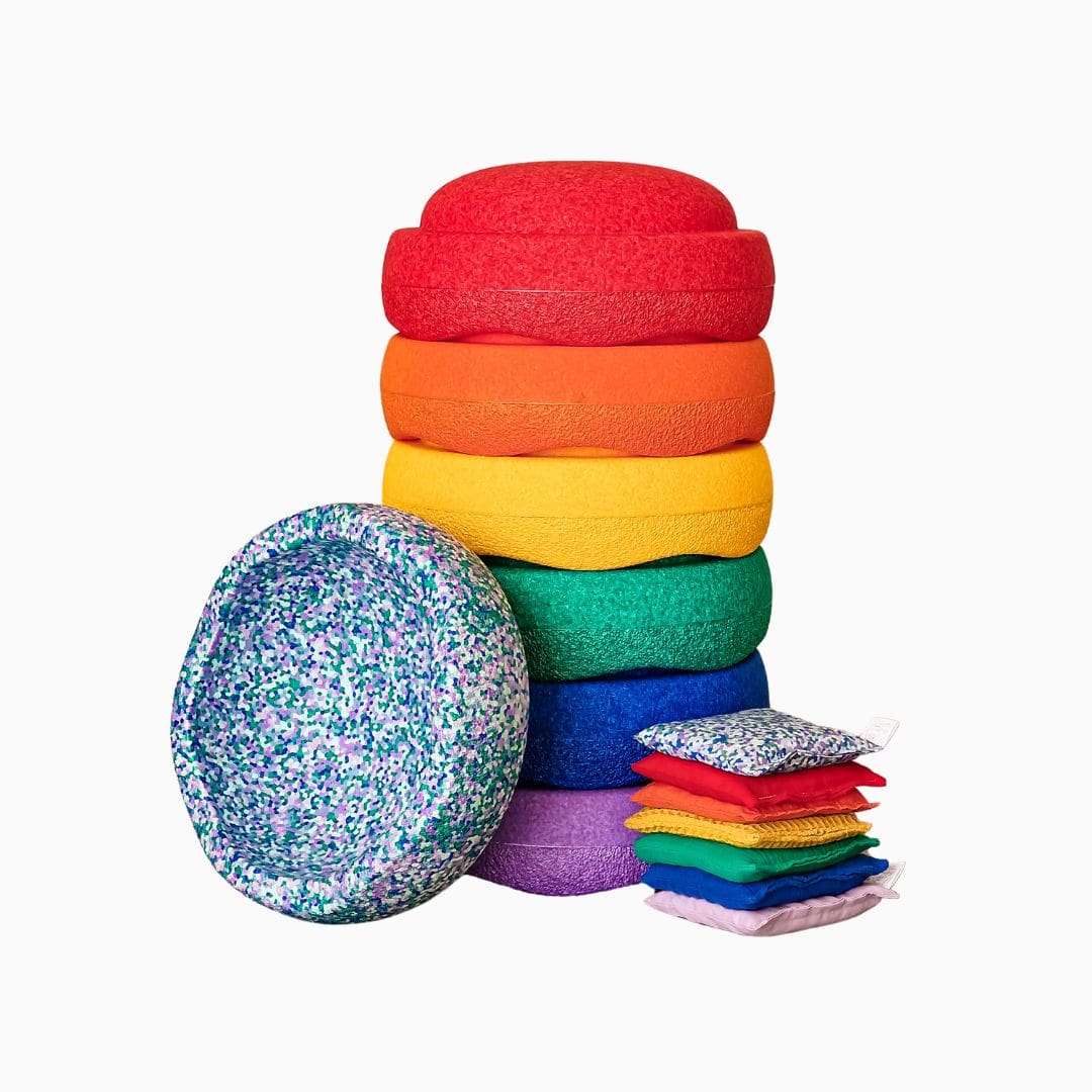 Open einde speelgoed bundel met Stapelstein regenboog stapstenen, sensorische pittenzakjes regenboog en stapelstein steen super cool en pittenzakje super cool