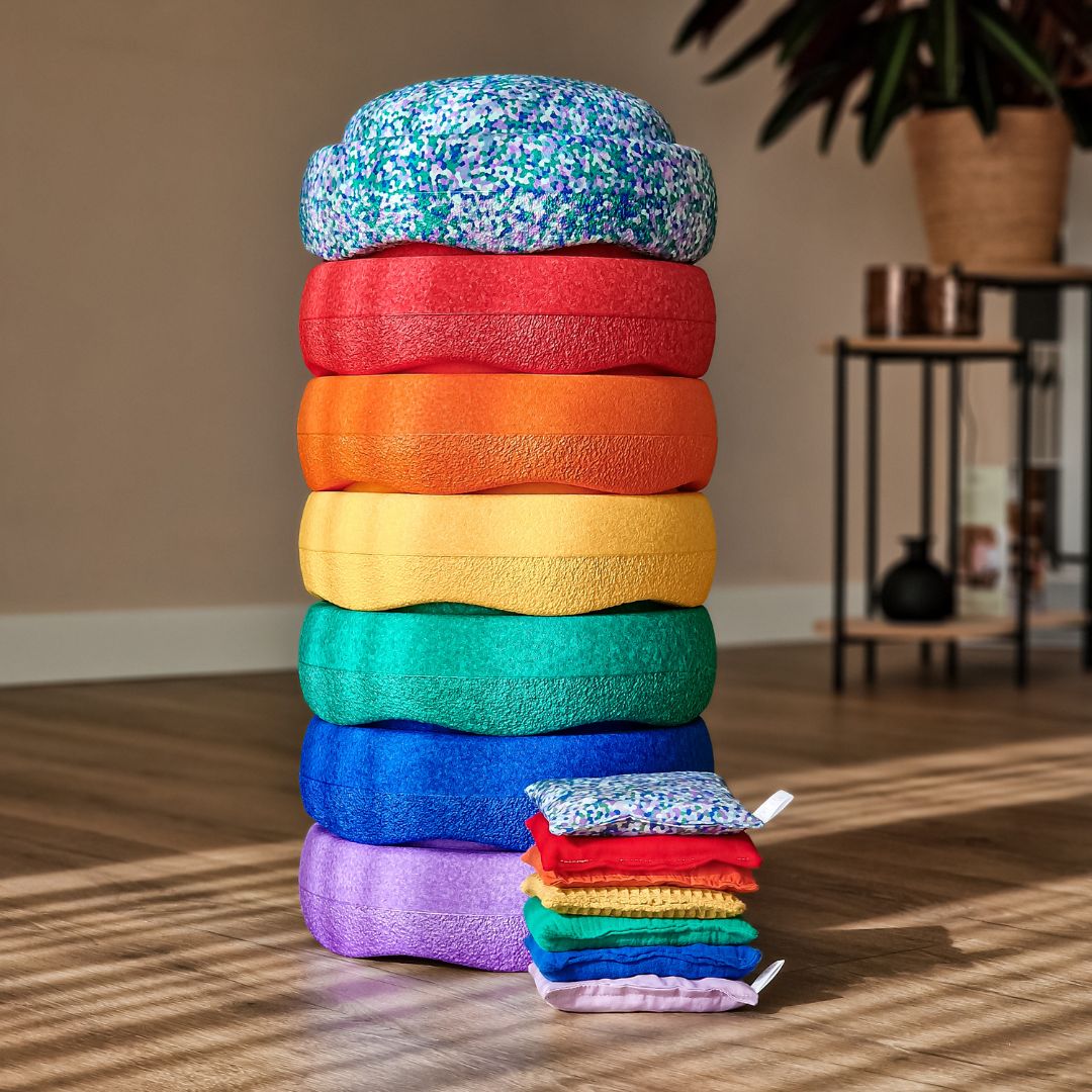 Open einde speelgoed bundel met Stapelstein regenboog stapstenen, sensorische pittenzakjes regenboog en stapelstein steen super cool en pittenzakje super cool