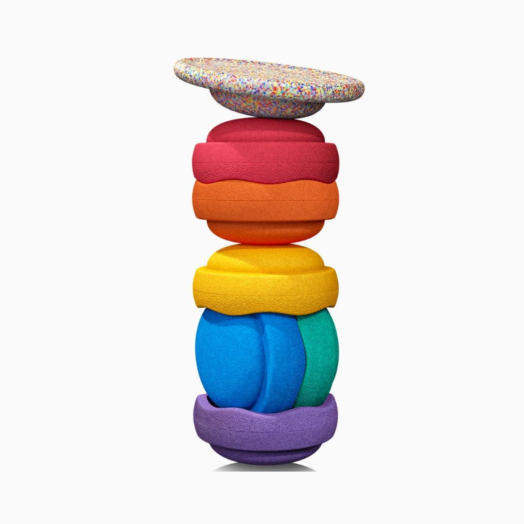 Stapelstein 6 + 1 set rainbow met 6 stapelstenen en 1 balance board super confetti