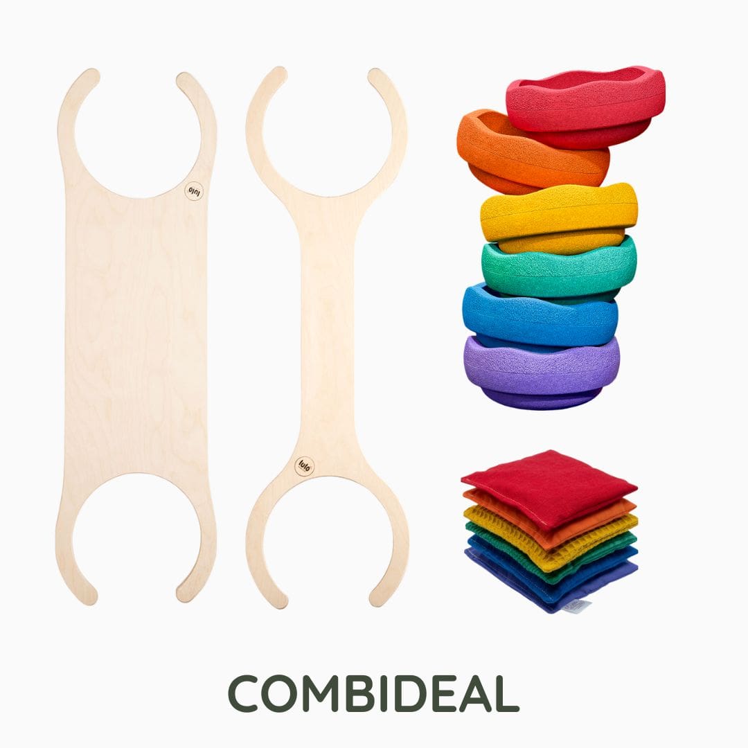 Stapelstein actie set regenboog met balansplanken van lulo en regenboog pittenzakjes van Little Botanic Label