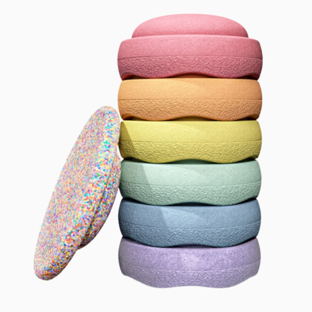 Stapelstein 6 + 1 pastel set met 6 stapelstein-stenen en 1 balansbord super cool