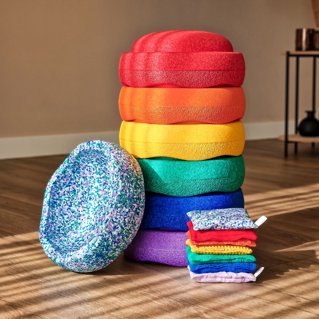 Open einde speelgoed bundel met Stapelstein regenboog stapstenen, sensorische pittenzakjes regenboog en stapelstein steen super cool en pittenzakje super cool