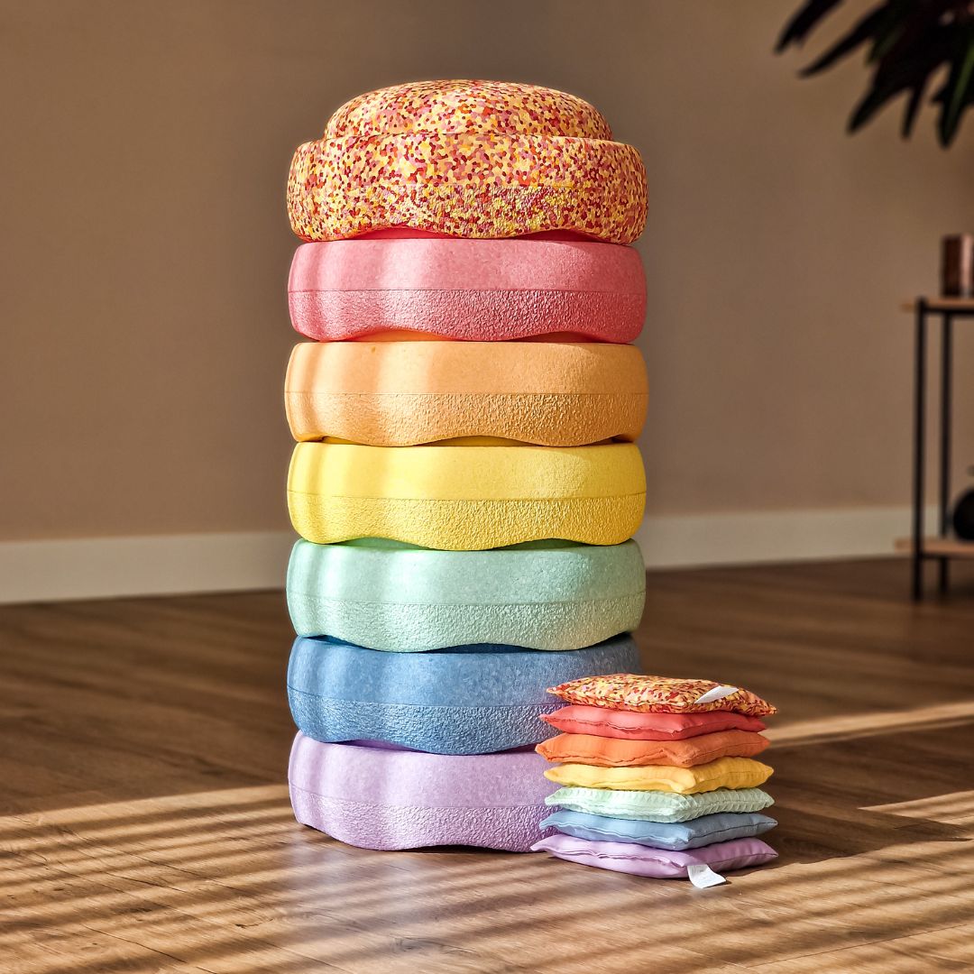 Combideal kortingsactie met stapelstein stenen pastel en super warm en little botanic label sensorische pittenzakjes pastel en super warm