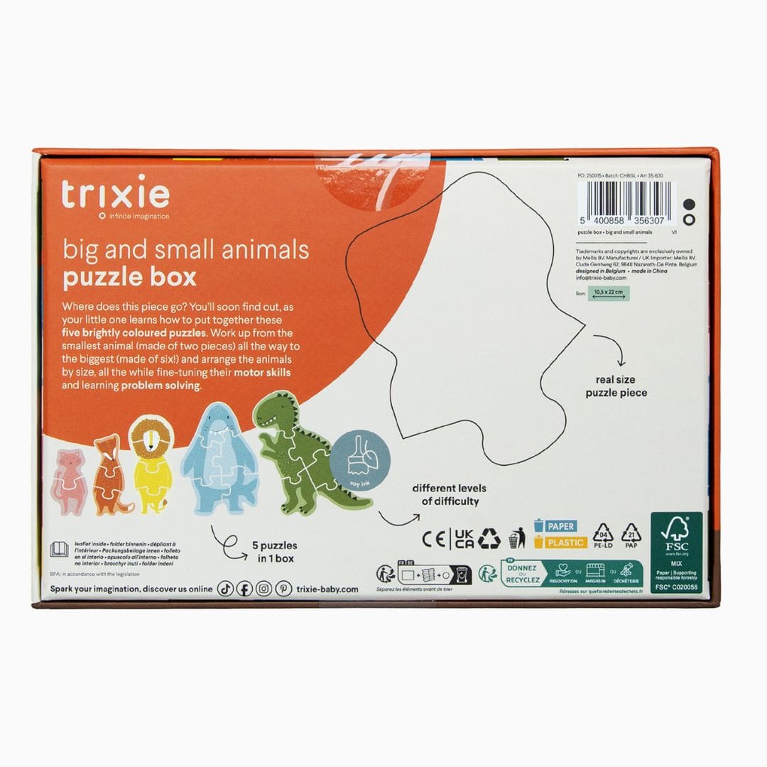 Trixie puzzeldoos met 5 vormenpuzzels van dieren van 2, 3, 4, 5 en 6 stukjes