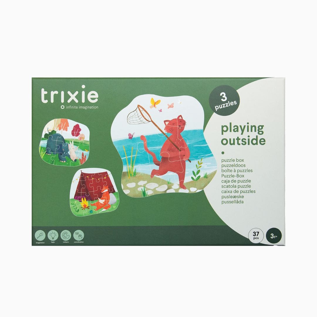 Trixie puzzeldoos met drie vormenpuzzels van karton in het thema buiten spelen