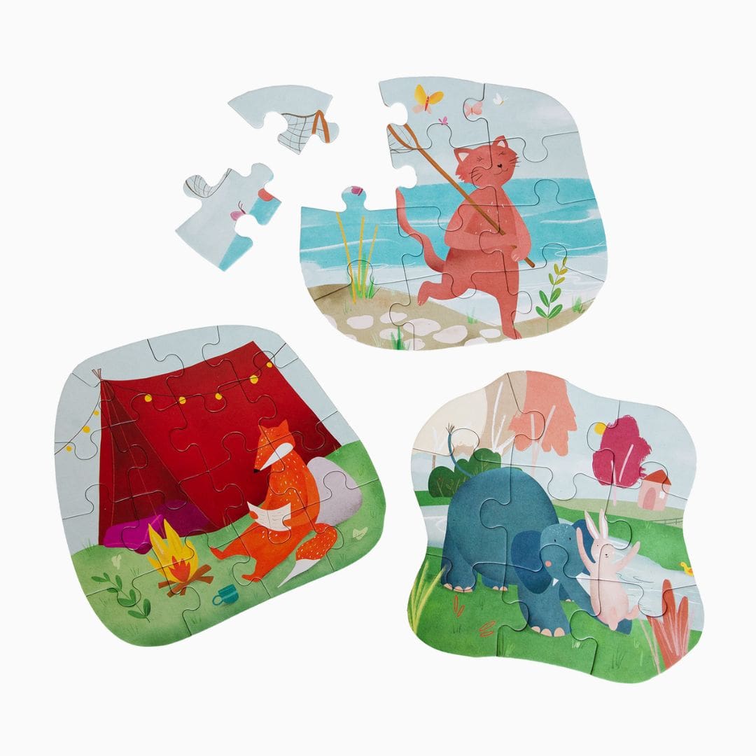 Trixie puzzeldoos met drie vormenpuzzels van karton in het thema buiten spelen