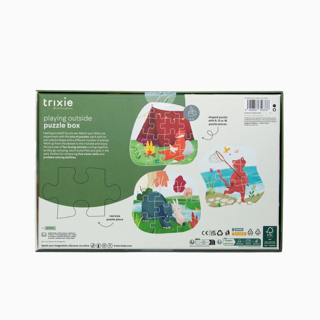 Trixie puzzeldoos met drie vormenpuzzels van karton in het thema buiten spelen