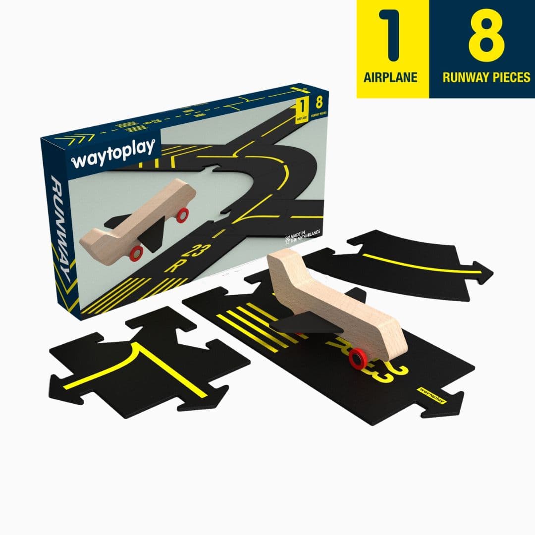 Waytoplay Toys landingsbaan set met 8 baandelen en 1 houten vliegtuig