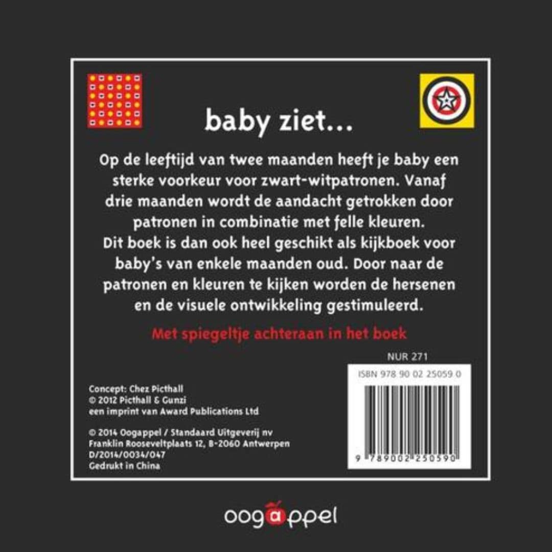 Kartonboek baby ziet kijkboek zwart wit contrast afbeeldingen met spiegel