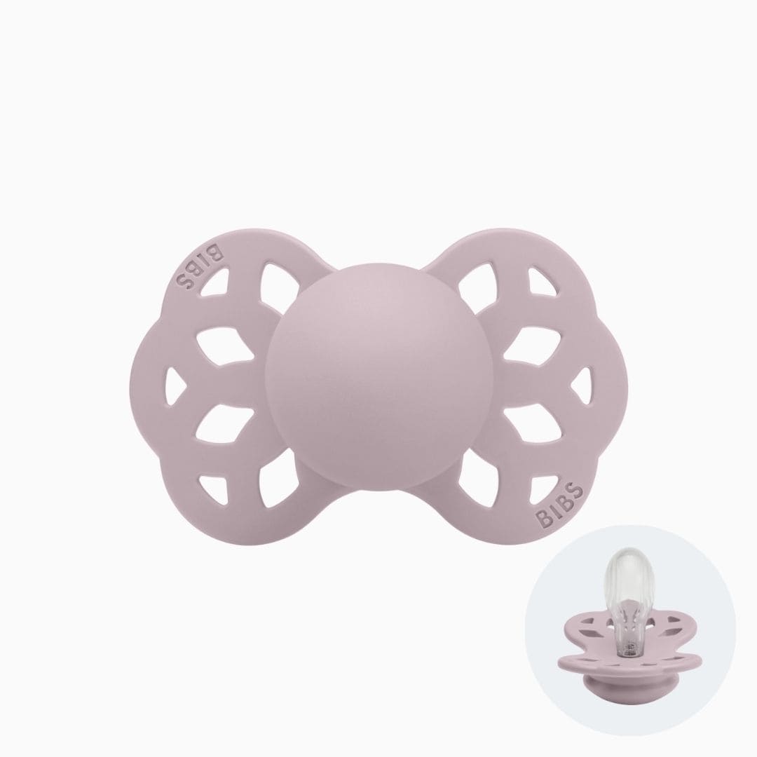 bibs infinity siliconen fopspeen met symmetrische speen in de kleur dusky lilac oud paars
