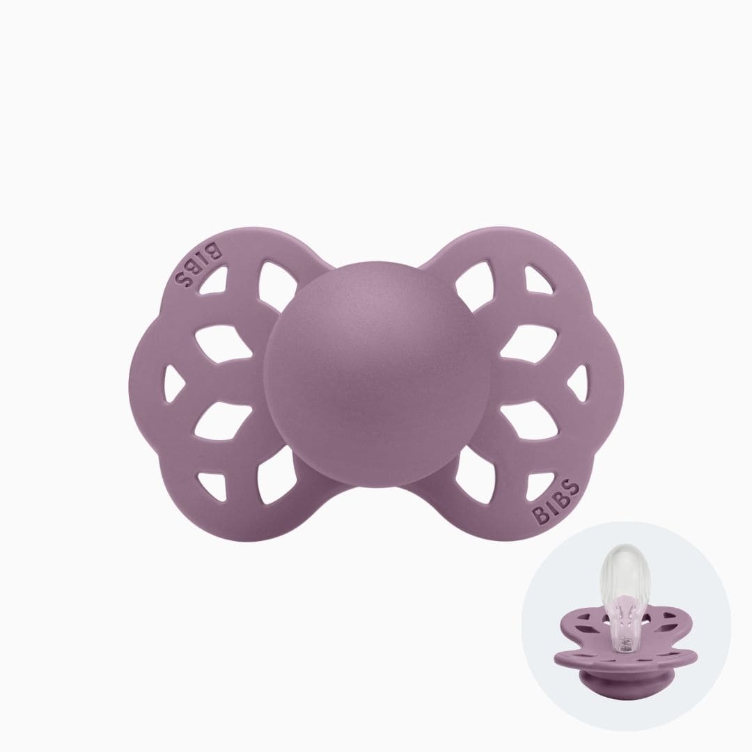 bibs infinity siliconen fopspeen met symmetrische speen in de kleur mauve paars