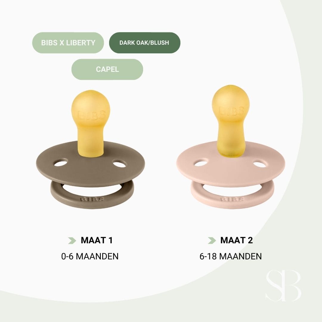 BIBS X LIBERTY fopspeen met ronde natuurrubber speen en bloemenprint capel in de kleur dark oak bruin en blush roze