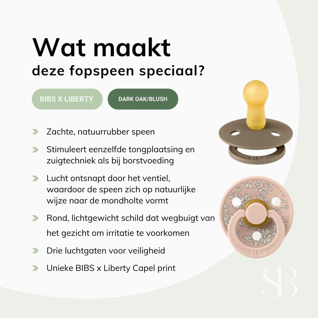 BIBS X LIBERTY fopspeen met ronde natuurrubber speen en bloemenprint capel in de kleur dark oak bruin en blush roze