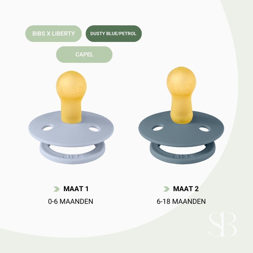 BIBS X LIBERTY fopspeen met ronde natuurrubber latex speen en bloemenprint capel in blauw