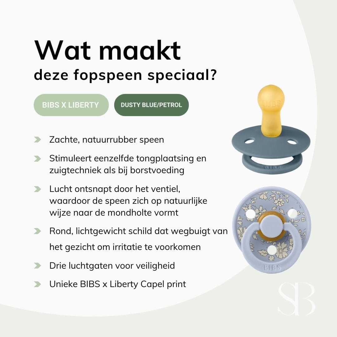 BIBS X LIBERTY fopspeen met ronde natuurrubber latex speen en bloemenprint capel in blauw
