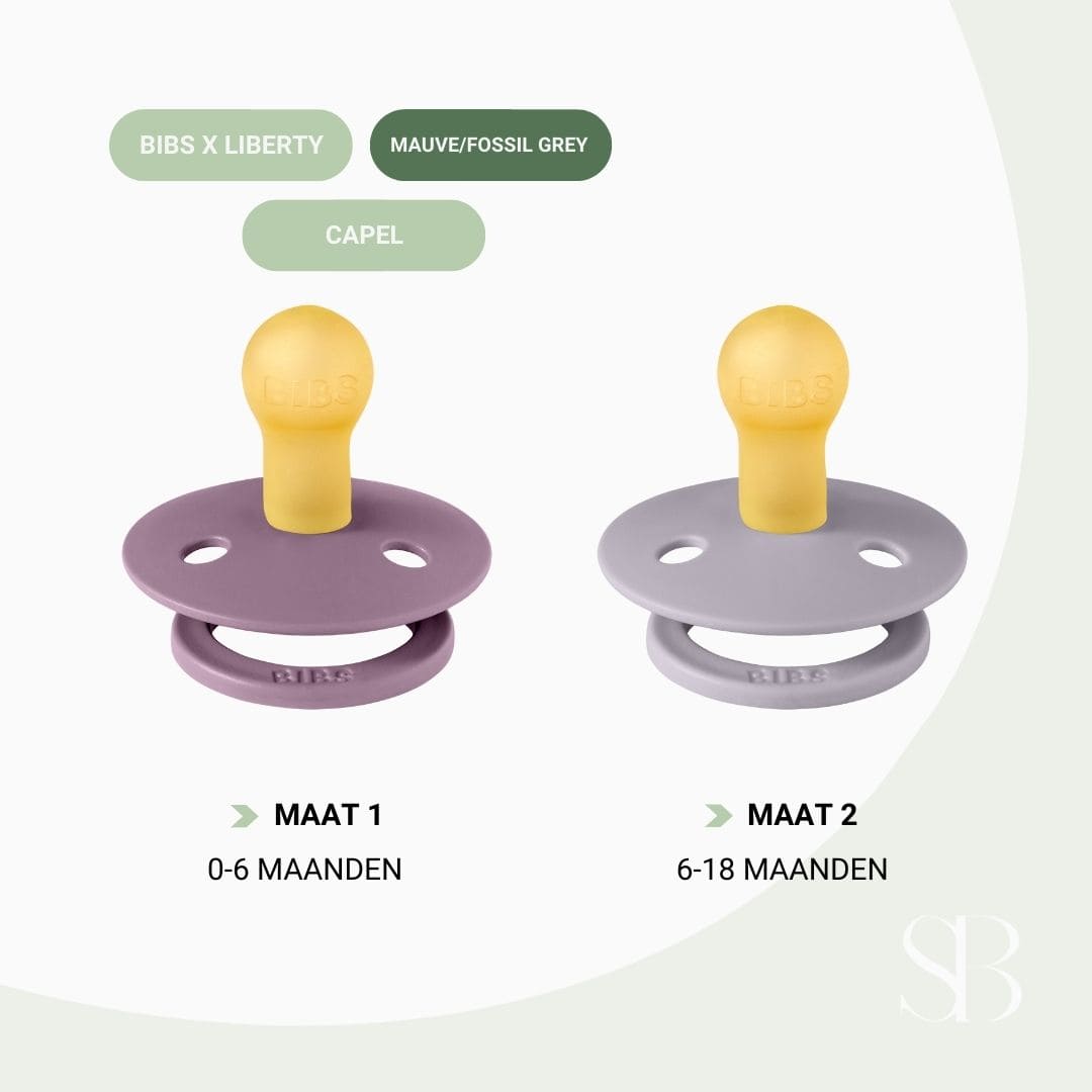 BIBS X LIBERTY fopspeen met ronde natuurrubber speen en bloemenprint capel in de kleur fossil grey en mauve paars