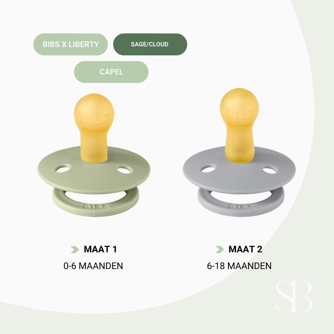 BIBS X LIBERTY fopspeen met ronde natuurrubber speen en capel bloemenmotief in de kleur sage groen en cloud grijs