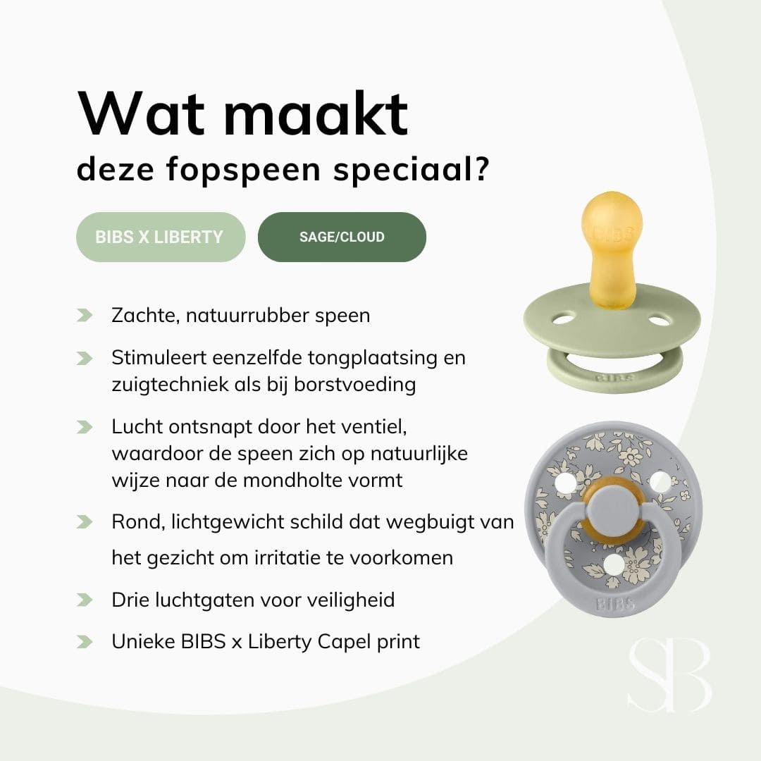 BIBS X LIBERTY fopspeen met ronde natuurrubber speen en capel bloemenmotief in de kleur sage groen en cloud grijs