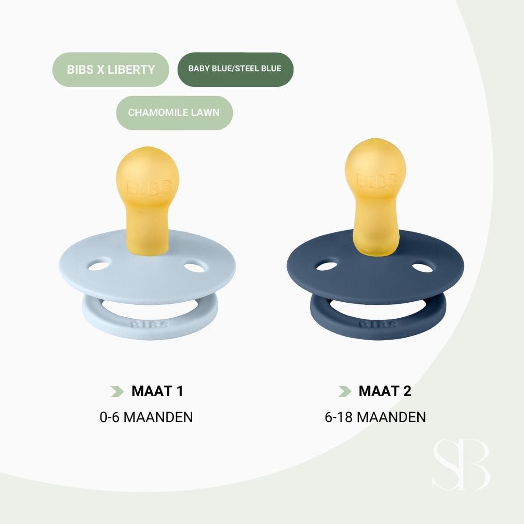 BIBS X LIBERTY fopspeen met ronde natuurrubber speen in de kleur baby blue en steel blue blauw