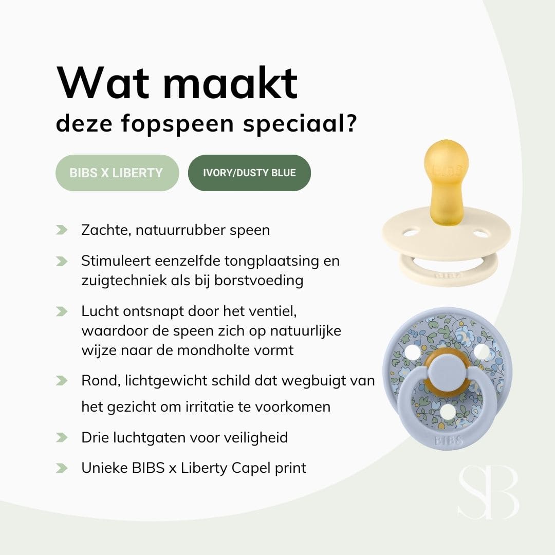 BIBS X LIBERTY fopspeen met ronde natuurrubber speen en bloemenprint eloise in ivory wit en dusty blue blauw