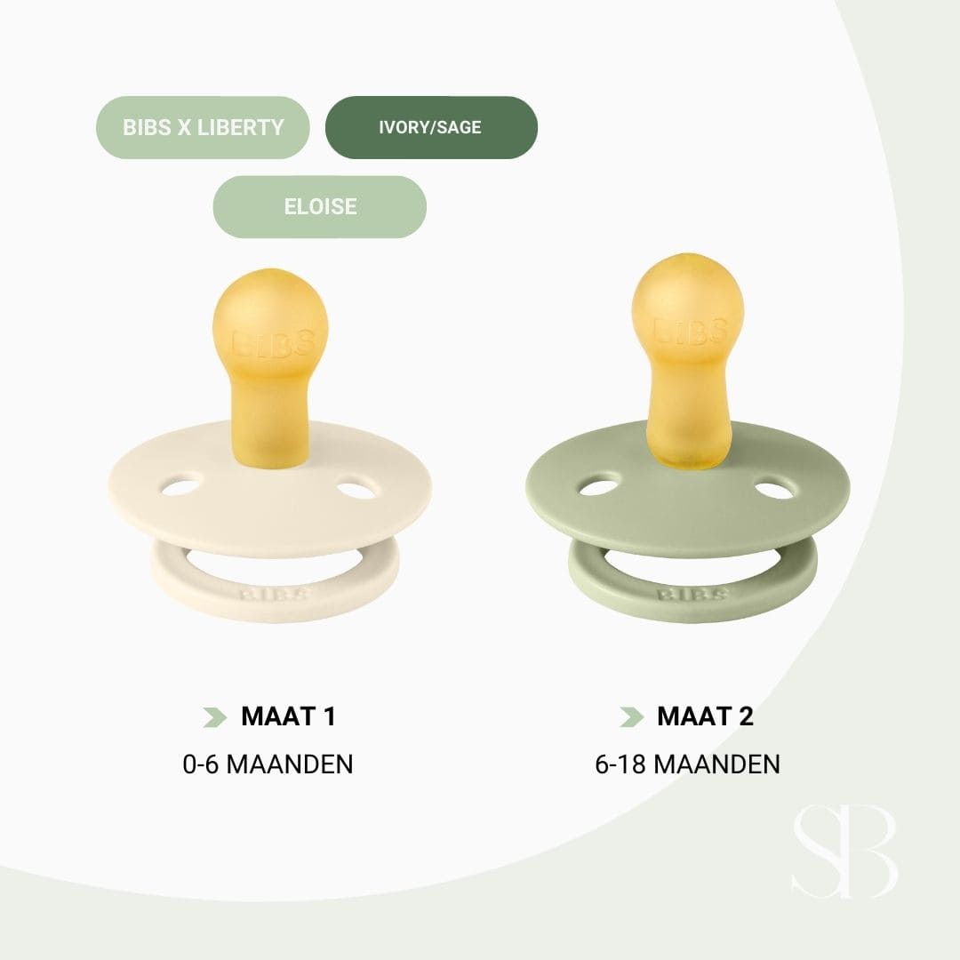 BIBS X LIBERTY fopspeen met ronde natuurrubber speen en bloemenprint Eloise in de kleur ivory wit en sage oudgroen
