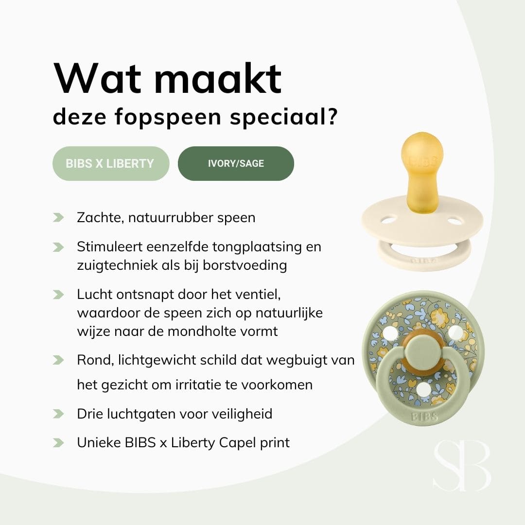 BIBS X LIBERTY fopspeen met ronde natuurrubber speen en bloemenprint Eloise in de kleur ivory wit en sage oudgroen