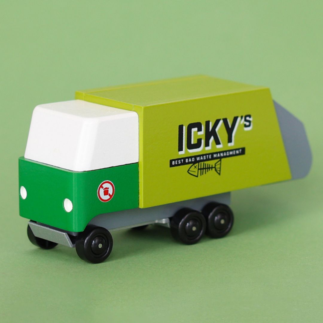 Candylab Toys houten speelgoedauto vuilniswagen
