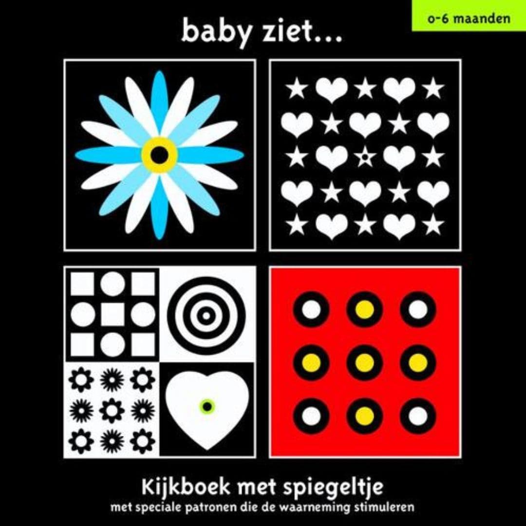 Kartonboek baby ziet kijkboek zwart wit contrast afbeeldingen met spiegel