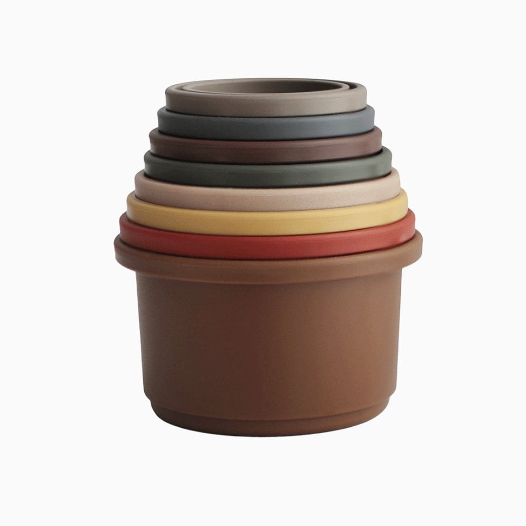 mushie stapelspeelgoed in retro tinten