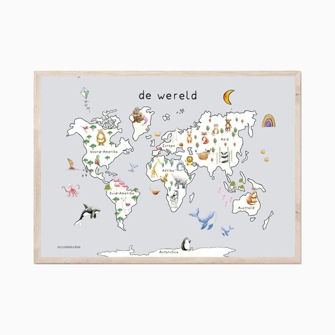 Poster wereldkaart van Juulz Illustrations & Design voor op de kinderkamer