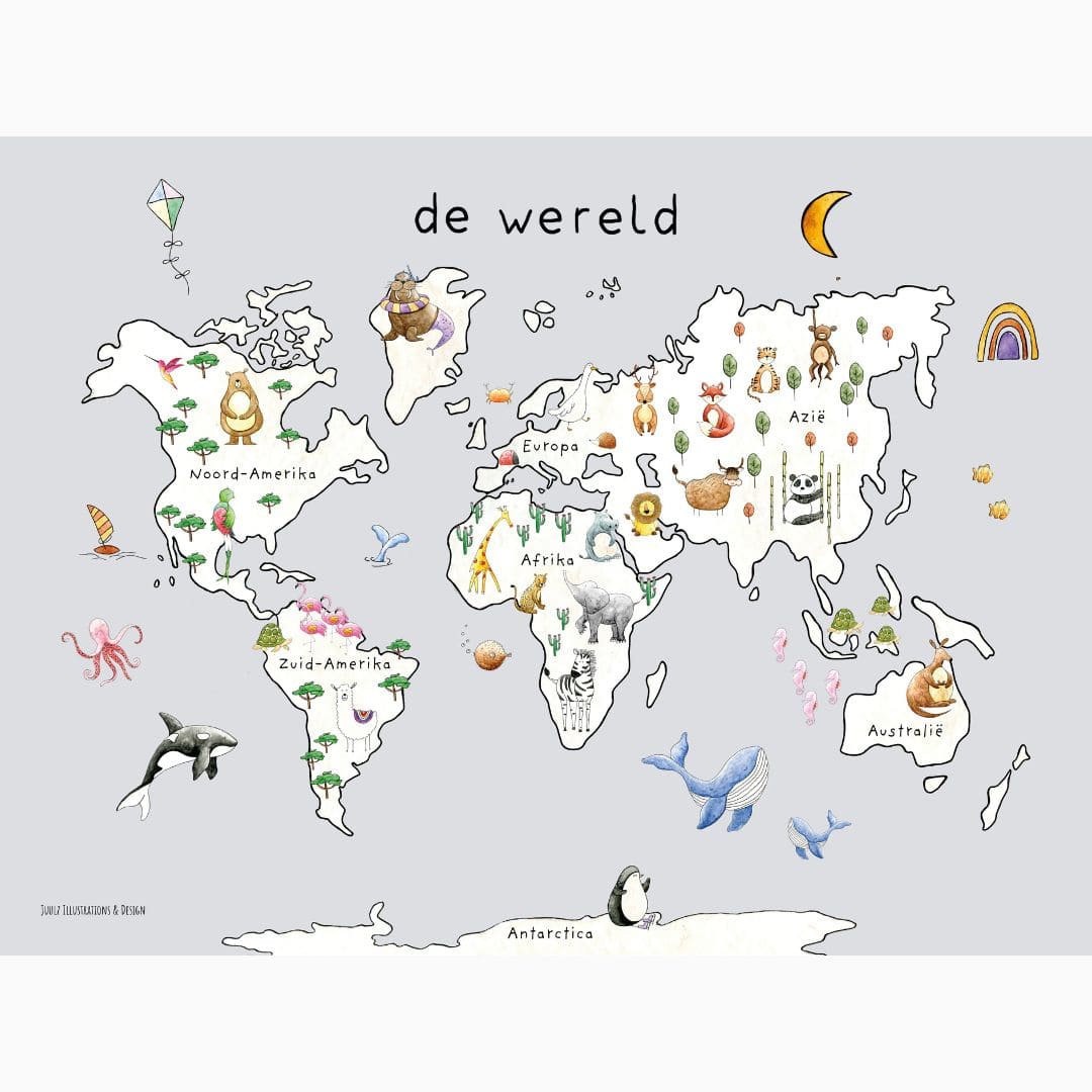 Poster wereldkaart van Juulz Illustrations & Design voor op de kinderkamer