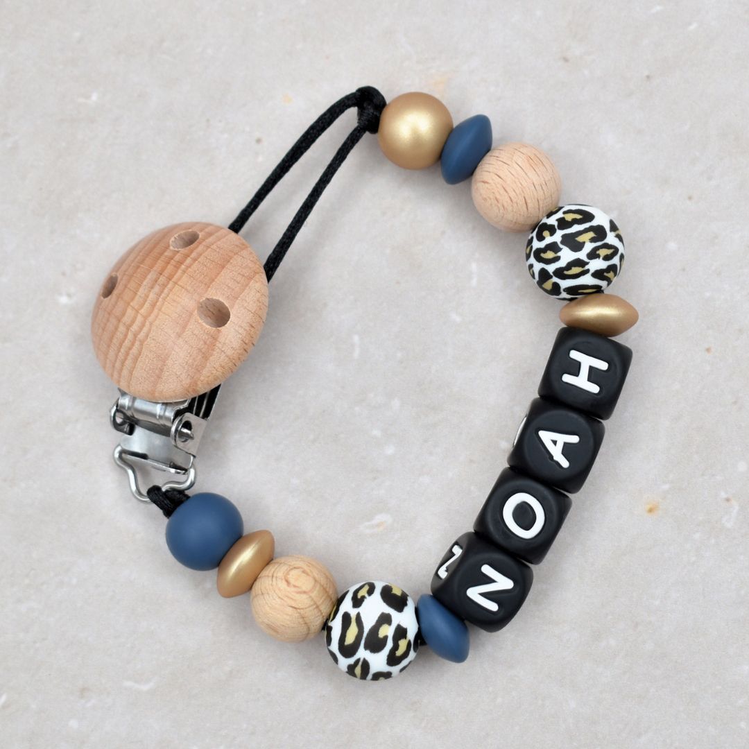 luxe speenkoord met naam navy blauw goud en panterprint Studio Bambacht