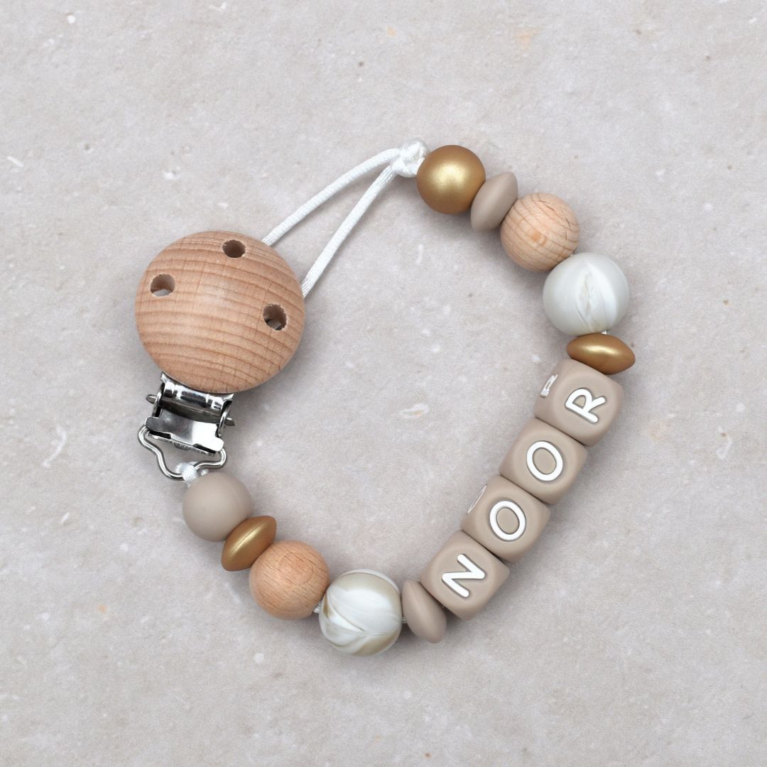 fopspeenkoord met naam marmer goud en taupe