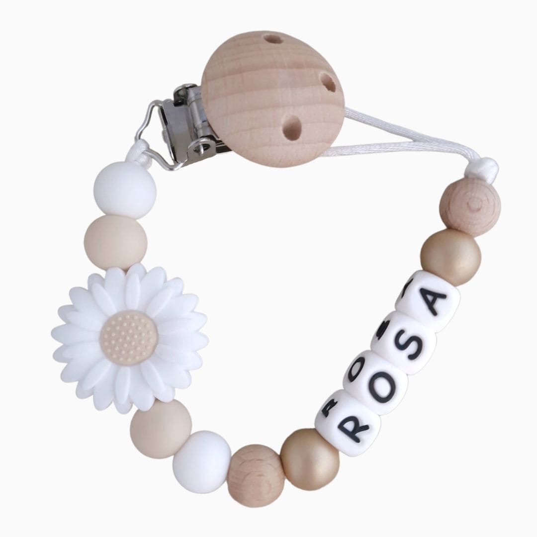 speenkoord met naam van Studio Bambacht madelief bloem wit goud beige