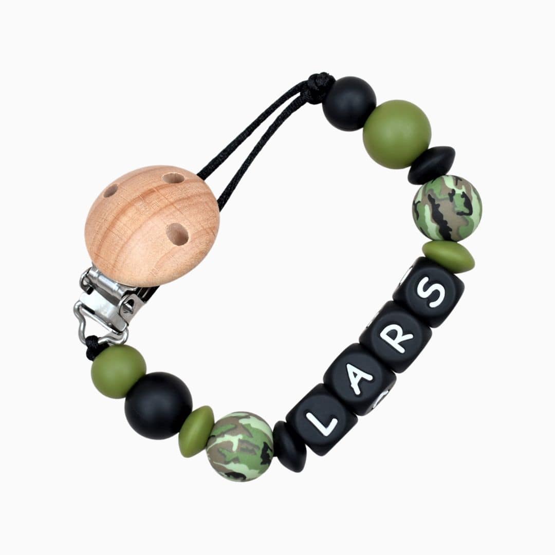 Speenkoord met naam leger groen camouflage Studio Bambacht