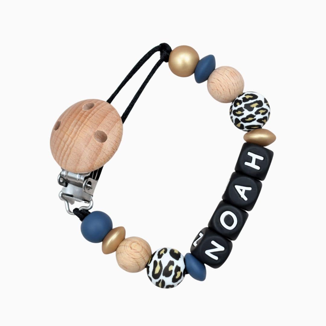 luxe speenkoord met naam navy blauw goud en panterprint Studio Bambacht