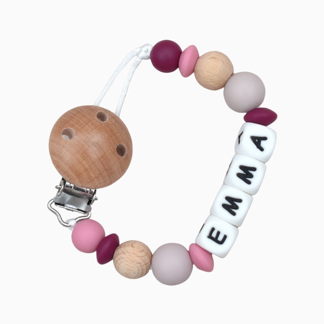 Fopspeenkoord met naam van Studio Bambacht in de kleuren roze en paars