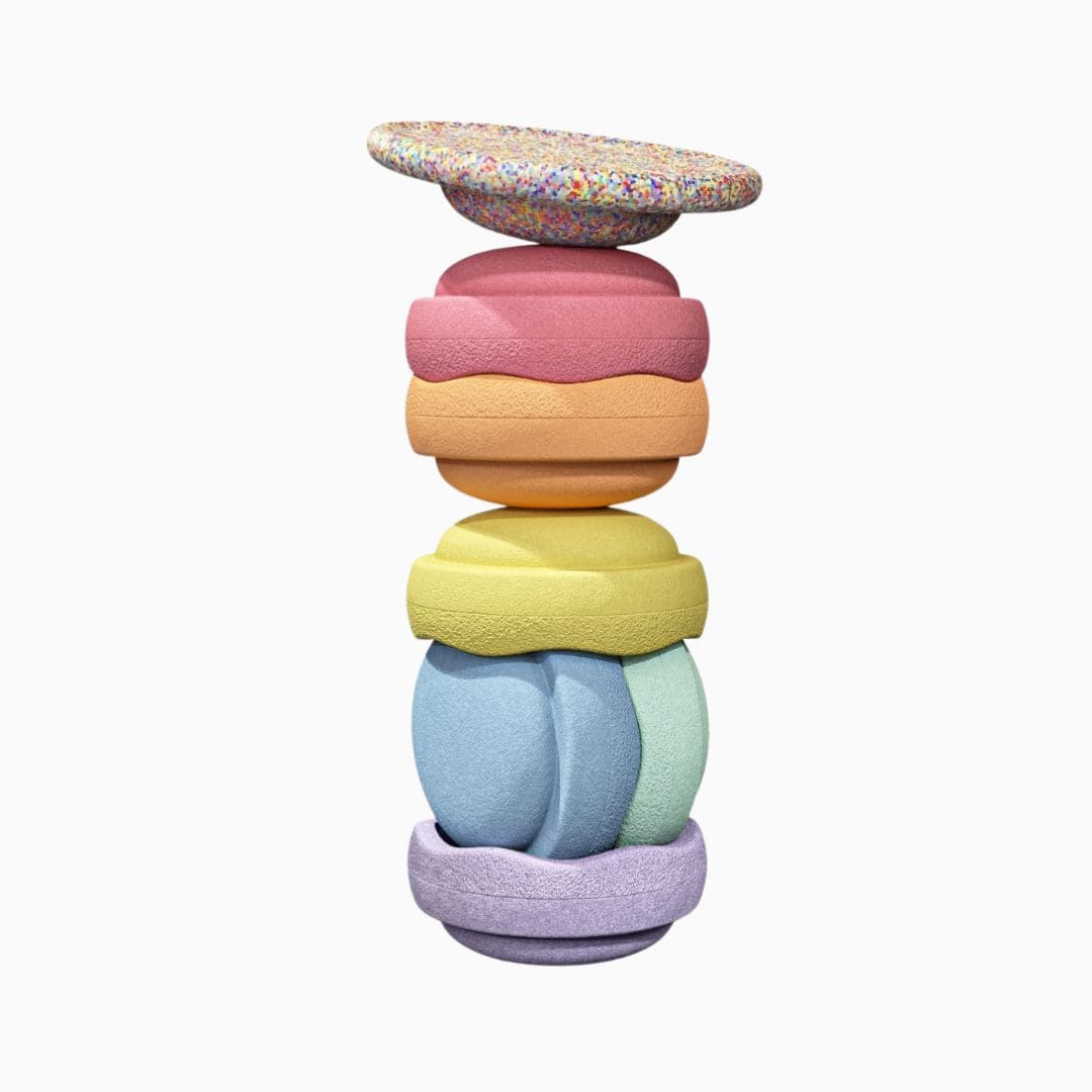 Stapelstein 6 + 1 pastel set met 6 stapelstein-stenen en 1 balansbord super cool